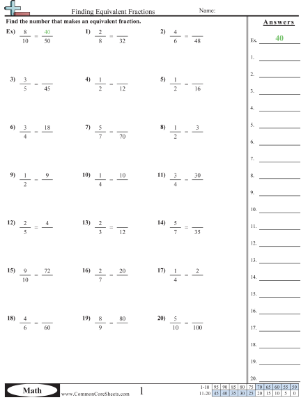 Fraction Worksheets - Equivalent Fractions (Missing Number) worksheet
